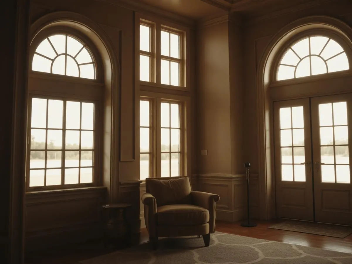 Sparkling clean windows and upholstered chair in a luxury home